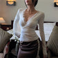 Women Lace Trim Wrap V Neck Long Sleeve Crop Top Side Tie Slim Fitted T Shirt Solid Color Fall Casual Y2K Crop Tee