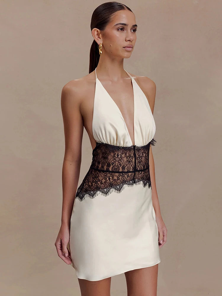 Lace Patchwork Sexy Mini Dress Women Gown Elegant Halter V Neck Sleeveless Backless High Waist Club Party Dresses