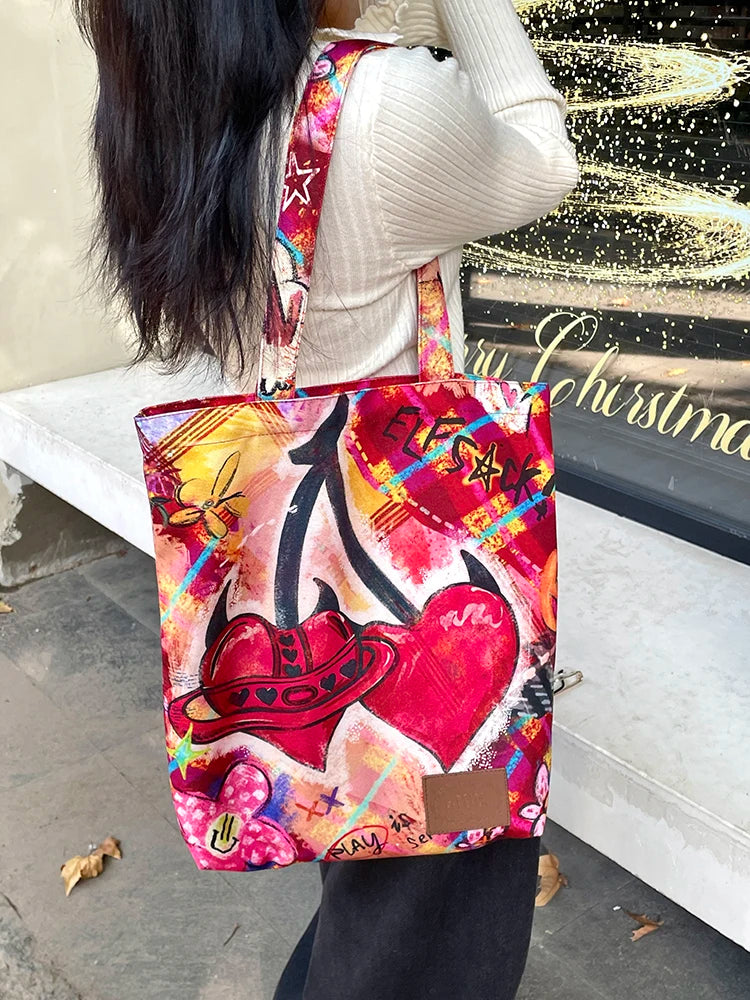 Y2K Plaid Cherry Hand Drawn Graffiti Large Capacity Tote Bag For Women