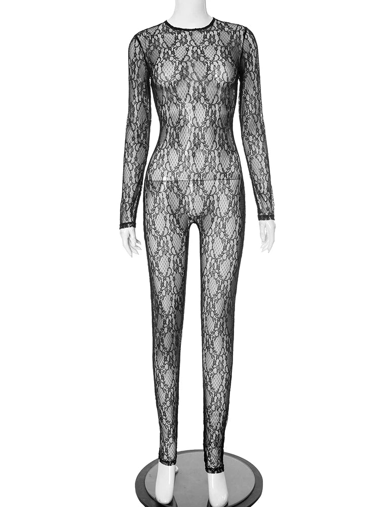 Mesh Patchwork Jumpsuits Women Sexy Jacquard Hollow Full Sleeve Hot Girl Midnight Club Party Coquett Hipster Overalls