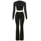 Solid Casual Women 2 Piece Set Autumn Trend Square Collar Long Sleeve Crop Tops+Drawstring Waist Pants Simple Suit