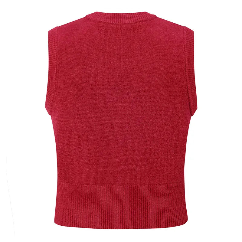 Women Christmas Embroidery Knit Waistcoat V Neck Sleeveless Button Front Cropped Sweater Vest Patterns Xmas Daily Wear