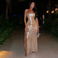 Metallic Gold Strapless High Split Maxi Dresses Woman Party Long Dresses Luxury Sexy Birthday Outfits
