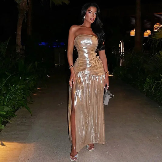 Metallic Gold Strapless High Split Maxi Dresses Woman Party Long Dresses Luxury Sexy Birthday Outfits