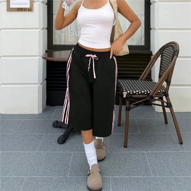 Women Side Striped Capri Sweatpants Elastic Drawstring Waist Loose Fit Casual Cropped Jogger Pants Street Daily Wear