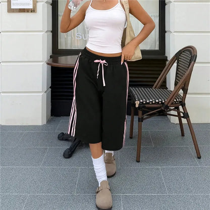 Women Side Striped Capri Sweatpants Elastic Drawstring Waist Loose Fit Casual Cropped Jogger Pants Street Daily Wear