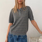 Women Summer Striped Knit Top Short Sleeve Button Casual Knitted T Shirt Vintage Contrast Stripe Basic Pullover