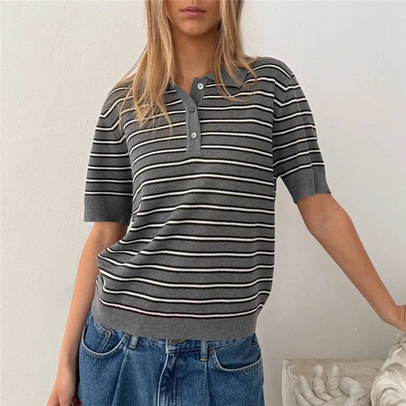 Women Summer Striped Knit Top Short Sleeve Button Casual Knitted T Shirt Vintage Contrast Stripe Basic Pullover