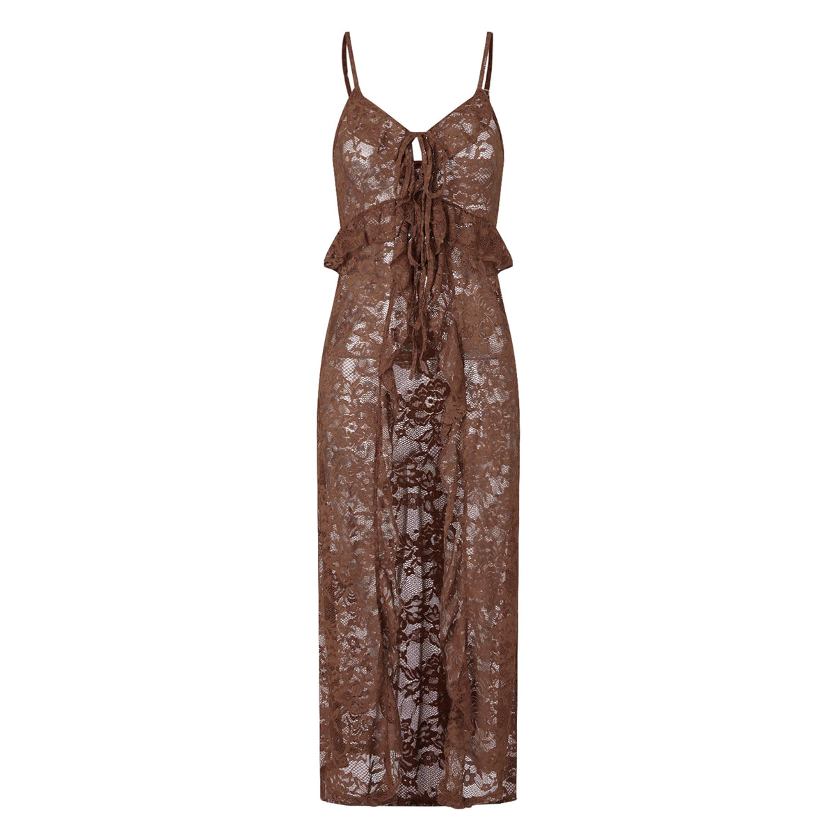 Women Spaghetti Strap Lace Maxi Cover Up Cami Dress Front Tie Ruffle Trim Sheer Long Kimono Summer Beach Vacation Outfit