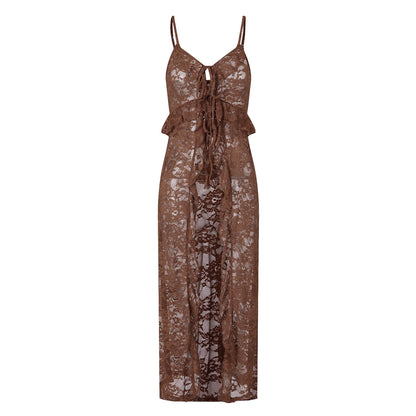 Women Spaghetti Strap Lace Maxi Cover Up Cami Dress Front Tie Ruffle Trim Sheer Long Kimono Summer Beach Vacation Outfit