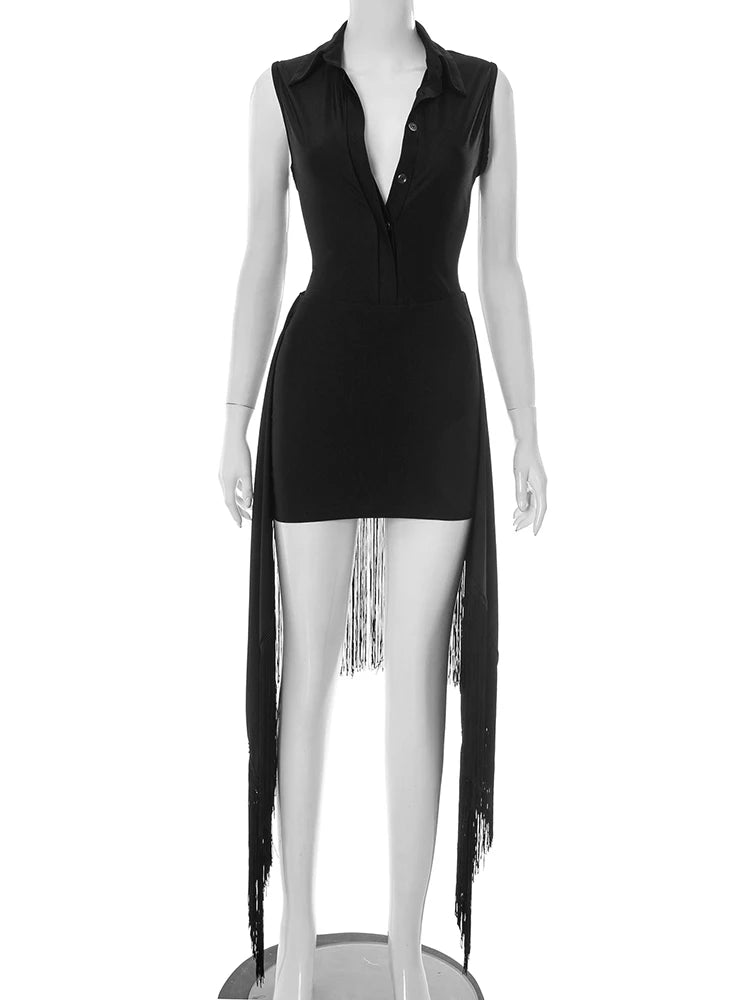 Hipster Women Summer 2 Piece Set Single-Breasted Bodysuit+Peach Hip Side Tassel Skirts Matching Streetwear Outfits