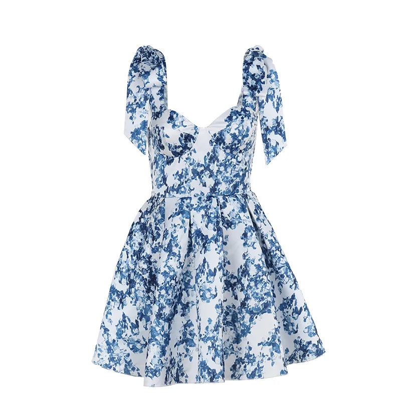 Elegant Blue Floral Summer Dress Holiday Women's Clothing Bow Tie Sleeveless Backless A-line Short Dresses