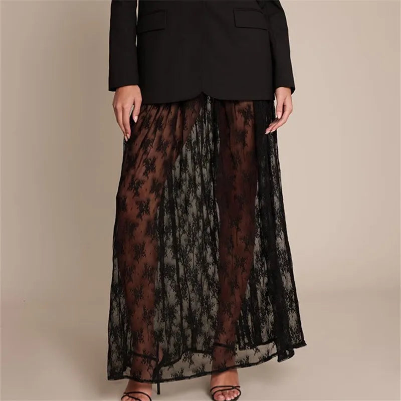 Summer Beachy Sheer Floral Lace Maxi Skirt Elastic Waist See-Through Mesh Long Skirt for Casual Vacation Wear