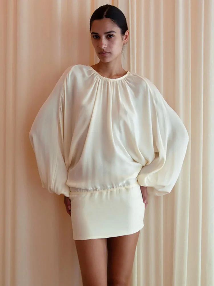 Women Blouse Sexy Mini Dress Loose Lantern Long Sleeve Round Neck Pleated Backless Dress Casual Party Beach Outfits