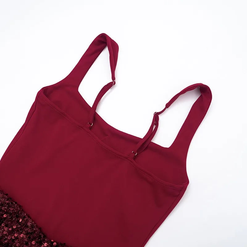 Sleeveless Sequined Mini Dresses Burgundy Black Birthday Dress Luxury Sexy Outfits Woman Club Wear