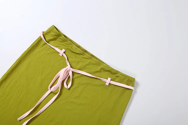 Color Blocking Elegant 2 Piece Set Woman Summer Trend Low-Neck Backless Camisoles+Ribbon Decoration Long Skirts Suits