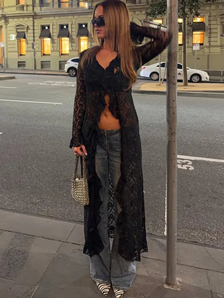 Women White Lace Long Cardigan Ruffle V Neck Long Sleeve Sheer Mesh Open Front Maxi Cover Up Beach Swimwear Coverup