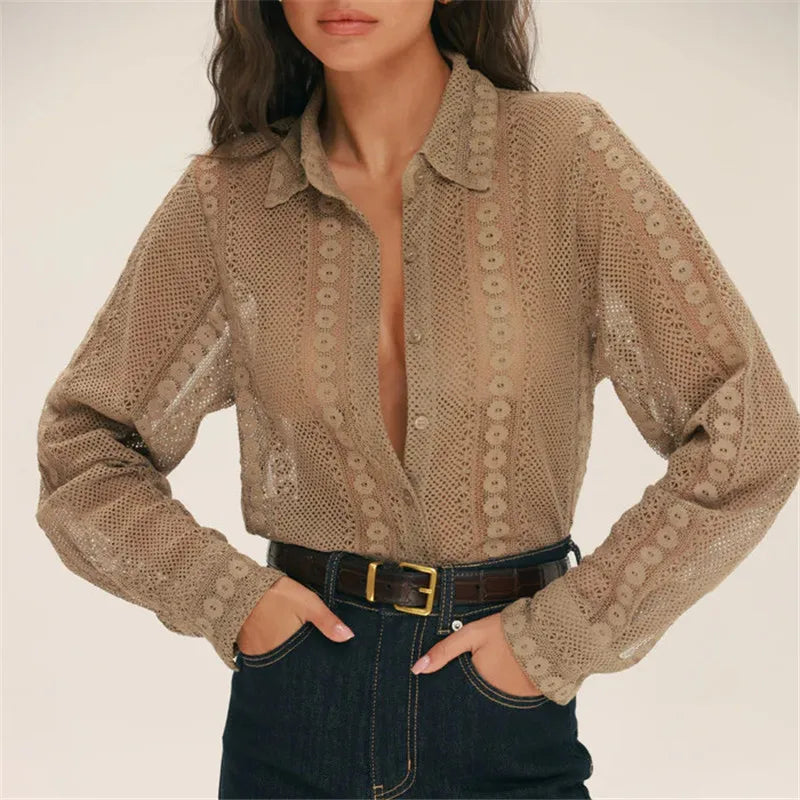 Vintage Long Sleeve Blouses Summer Casual Elegant Ladies Blusas Boho Beach Hollow Out Lace Blouse Shirt for Women Top