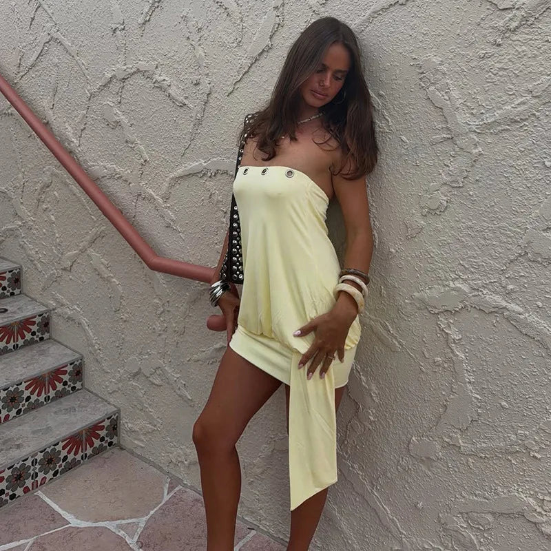 Strapless Backless Mini Dresses Sexy Beach Vacation Outfits Yellow Summer Dress for Woman 2026