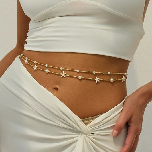 2Pcs/Set Summer Beach Sexy Bikini Waist Chain Women Trendy Boho Rice Beads Body Chain Jeans Dress Jewelry Accessories