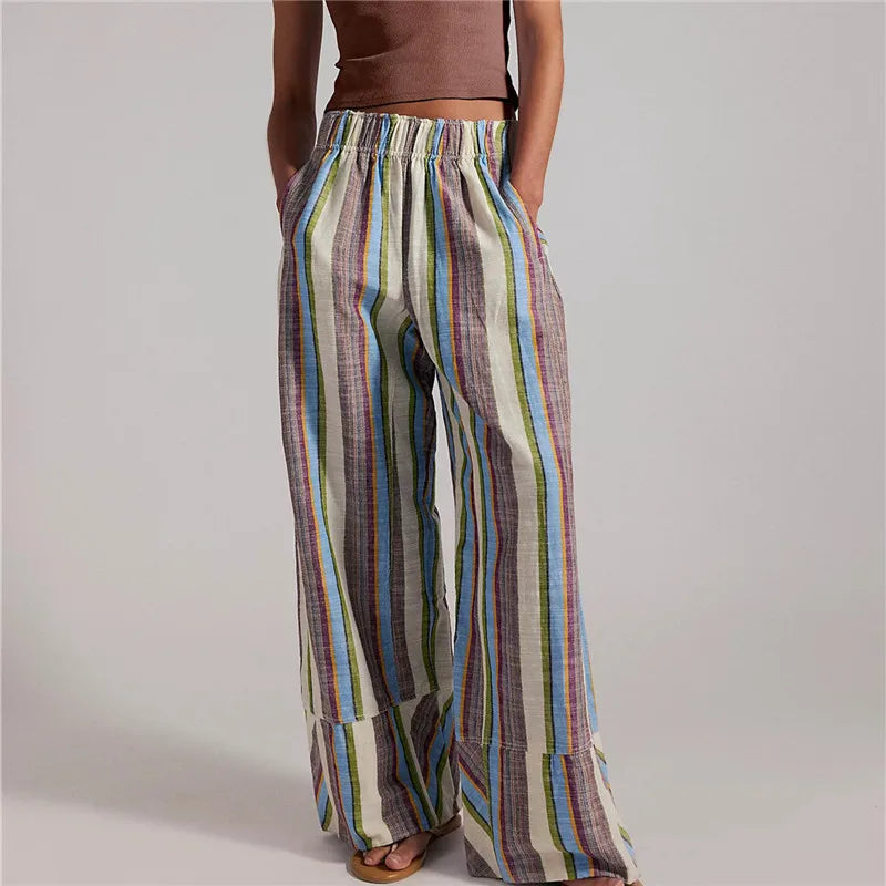 Bohemian Striped Wide Leg Pants Women Elastic Waist Casual Loose Fit Trousers Colorful Striped Beach Pants For Summer
