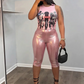 Sexy Fashion 2 Piece Set Woman Summer Trend o-Neck Shape Waist Tank Tops+Reflection Design Shorts Street Style Suits