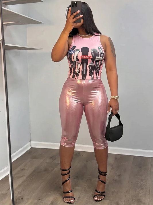 Sexy Fashion 2 Piece Set Woman Summer Trend o-Neck Shape Waist Tank Tops+Reflection Design Shorts Street Style Suits