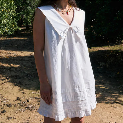 Preppy Cute Women Sleeveless Doll Dress Big Sailor Lapel Tie Bow Decor Eyelet Lace Ruffle Hem Street Summer Short Dress