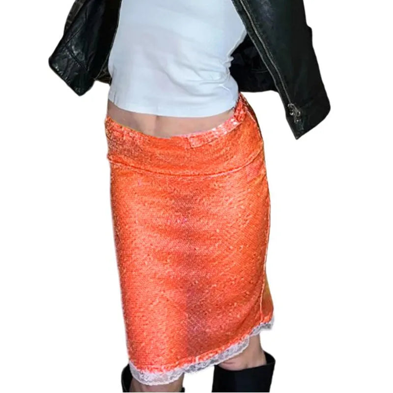 Women's Fashion Midi Skirts Sequins Lace Trim Low Waist Skirts Summer Fashion Bodycon Skirts Dress Y2K Streetwear