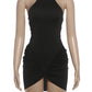 Irregular Hem Dress Women Halter Backless Sleeveless Folds Sexy Solid High Elasticity Party Fashion Street Mini Bodycon