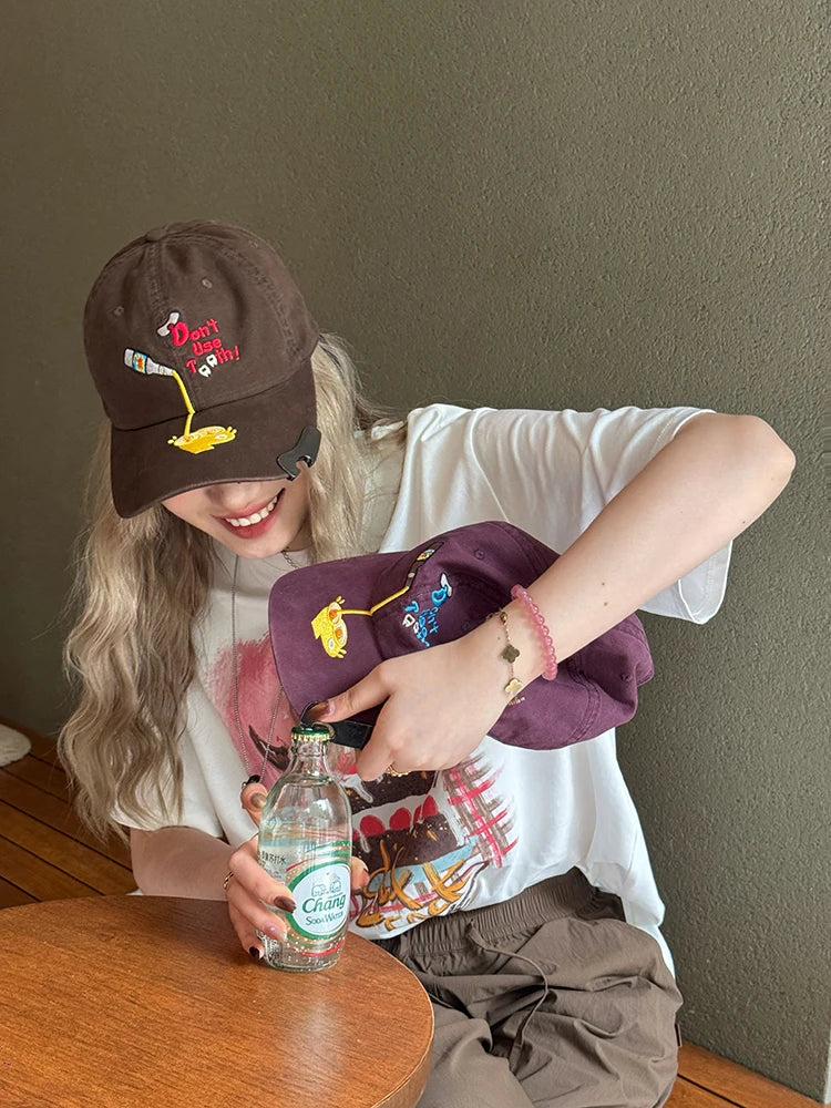 Women's Cute Embroidered Baseball Cap, Vintage Washed Cotton Dad Hat with Funny Print, Adjustable Casual Daily Sun Hat