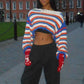 Colorful Striped Crop Sweater Women Hipster Long Sleeve Slash Neck Casual Christmas Activity Streetwear Pullover Tops