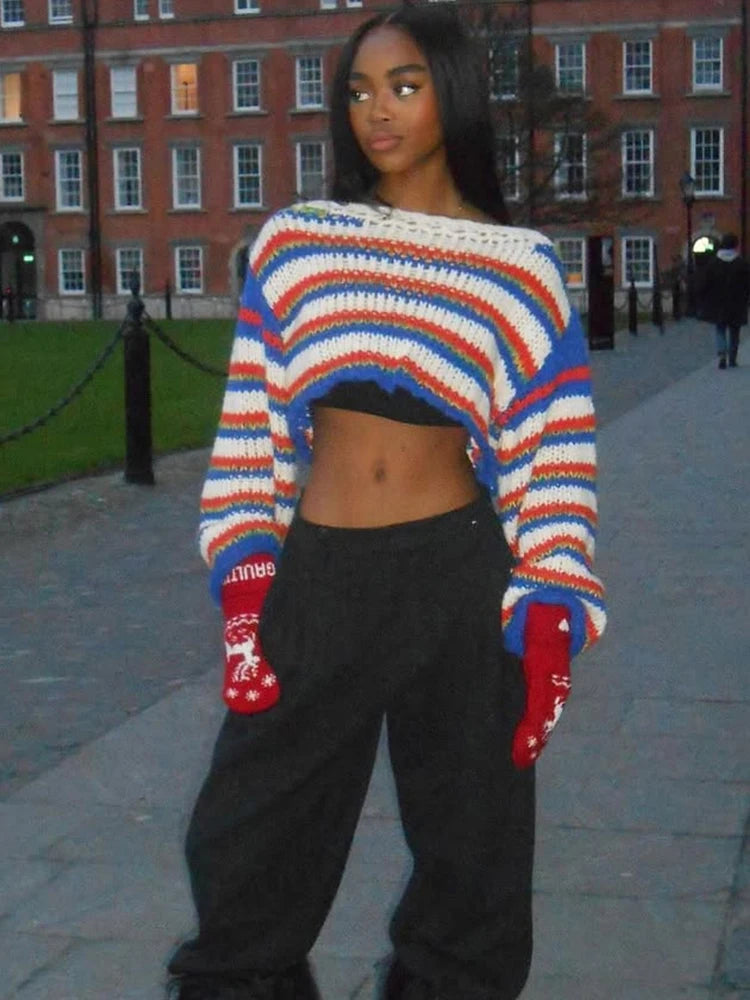 Colorful Striped Crop Sweater Women Hipster Long Sleeve Slash Neck Casual Christmas Activity Streetwear Pullover Tops