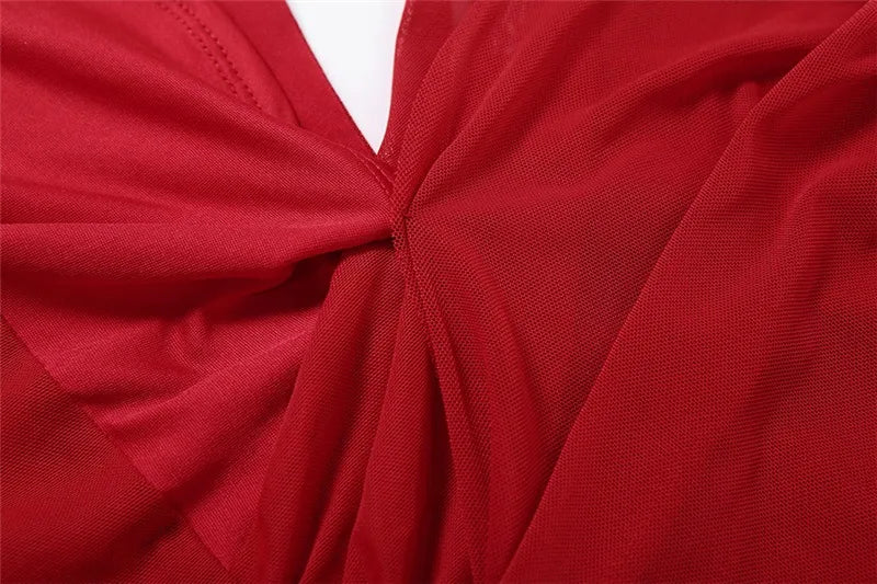 Mesh Sheer Sexy Red Evening Party Dresses Woman Elegant Christmas Asymmetrical Cutout Long Sleeve Maxi Dress