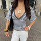 Striped Casual Tshirt Woman Clothes Fashion Deep V-Neck Batwing Sleeve Crop Tops Summer 2026
