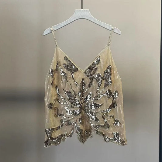 Women Sexy Bead Mesh Cami Tops Women Silver Sequined Tanks Vest Summer Femme Bling Shiny Tanks Tops Party Clubwear