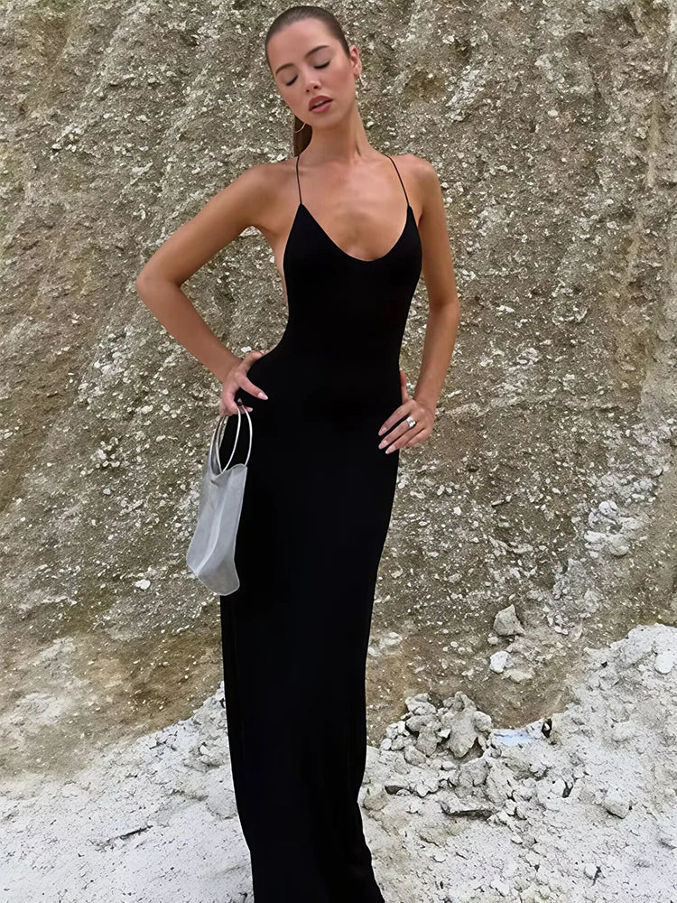 Spaghetti Strap Backless Sexy Maxi Dress Women Elegant Black Sleeveless Draped Bodycon Club Party Long Dress Female