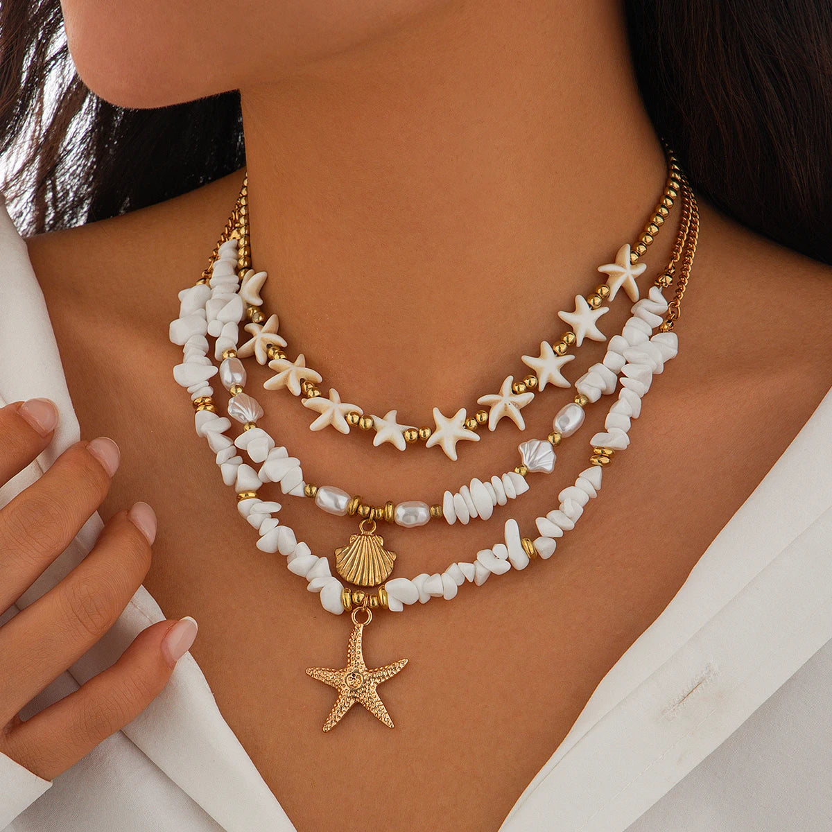 3Pcs/Set Boho Starfish Conch Pendant Choker Necklace Women Creative White Irregular Stone Chain Aesthetic Y2K Jewelry