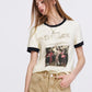 Women's Vintage Ringer T-Shirt with Photo Graphic Print, Retro Contrast Tee for Summer, Chic Aesthetic Short Sleeve Top