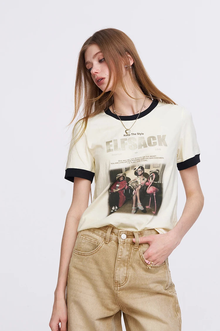 Women's Vintage Ringer T-Shirt with Photo Graphic Print, Retro Contrast Tee for Summer, Chic Aesthetic Short Sleeve Top