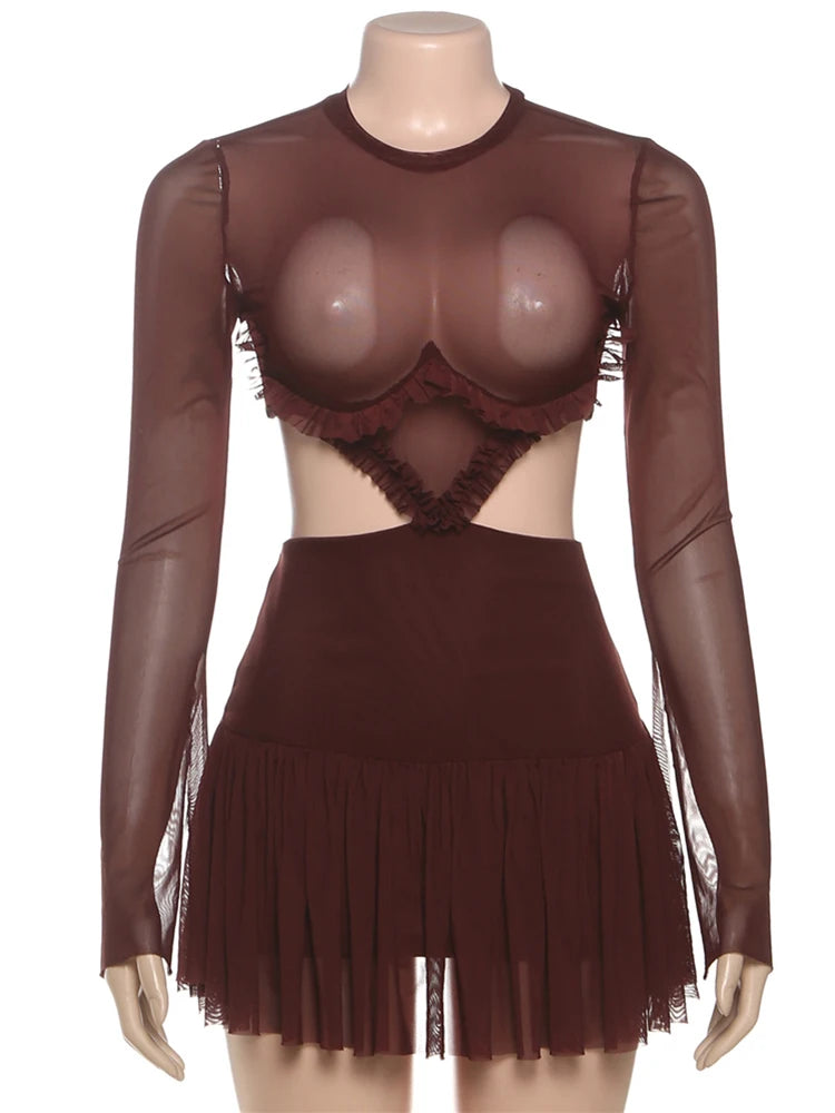 Waistless Pleated Hem Dress Women See Through Sexy Midnight Full Sleeve Coquette Clubwear Party Rave Mini Bodycon