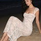 Patchwork Jacquard Elegant Dress Woman Summer Trend Square Collar Backless Shape Waist Beach Party Style Long Bodycon