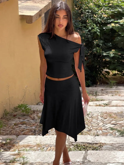 Women 2 Piece Outfits Off Shoulder Tie Side Crop Top Midi Skirt Solid Slim Bodycon Matching Set Summer Party Co Ord Set