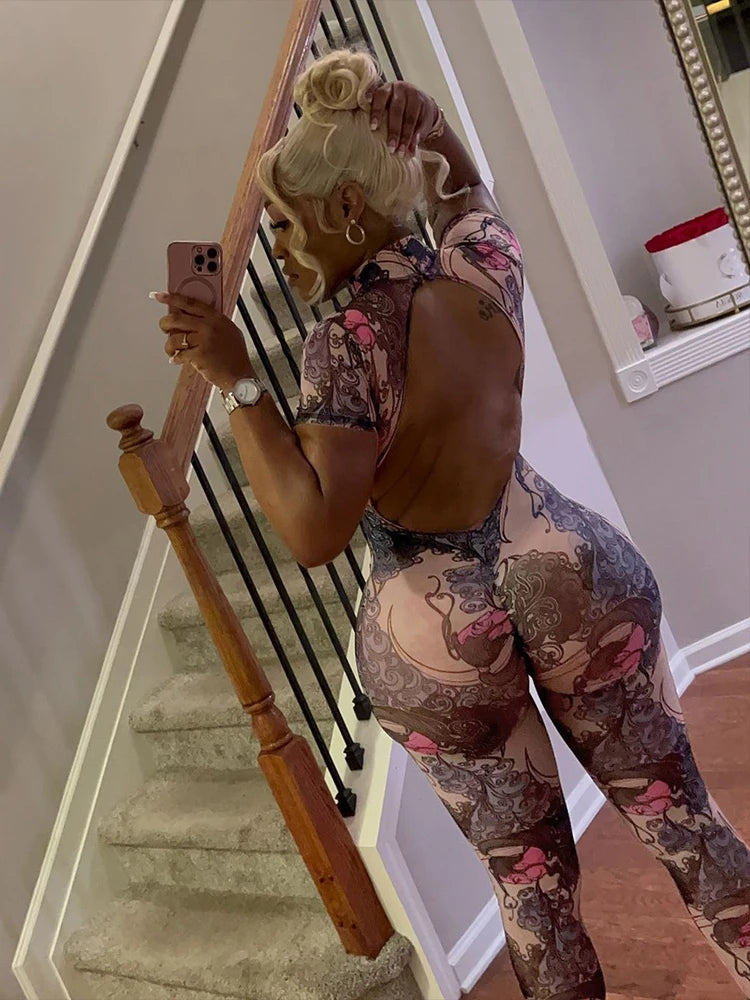See Through Jumpsuit Women Coquette Summer Backless Peach Buttocks Colorful Print Tight Activity Clubwear Overalls