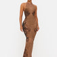 Lace Halter Backless Sexy Maxi Dress Women Elegant Floral Print Sleeveless Bodycon Club Party Long Dresses Female
