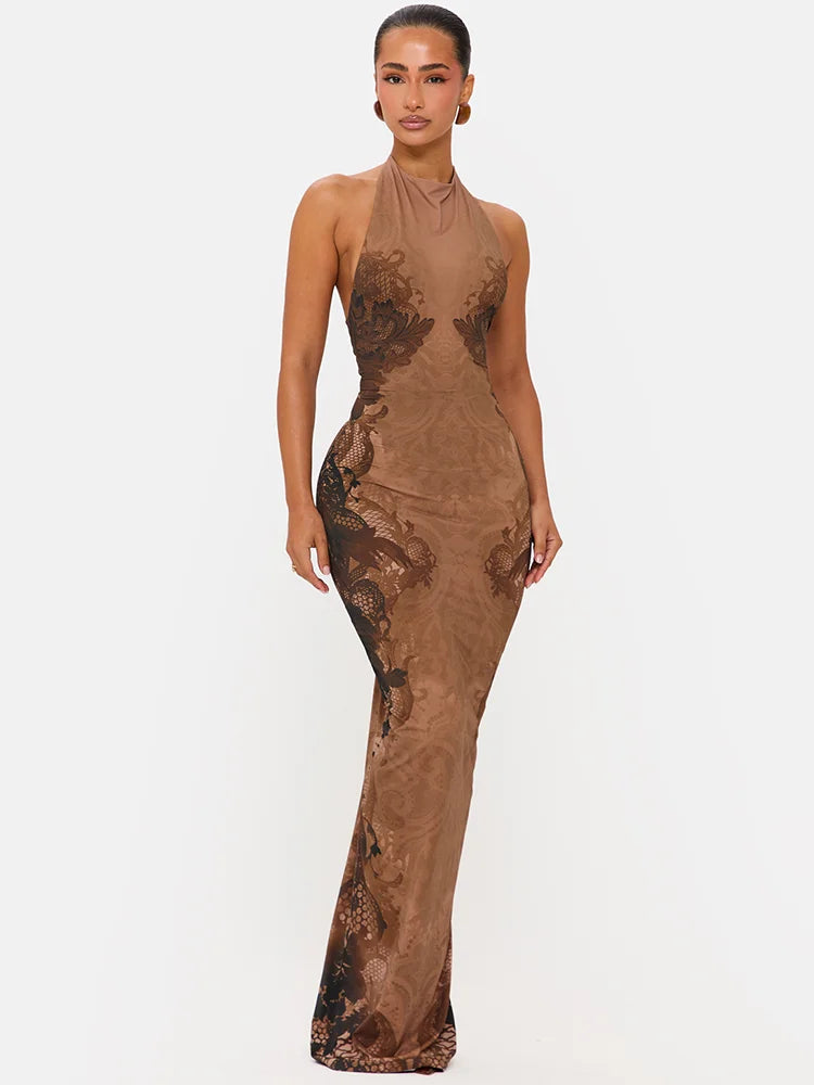 Lace Halter Backless Sexy Maxi Dress Women Elegant Floral Print Sleeveless Bodycon Club Party Long Dresses Female