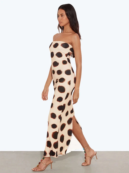Square Collar Sexy Hollow Backless Dress Women Fashion Simple Art Print Split Sleeveless Elegant Party Club Long Bodycon