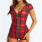 Holiday Xmas Stripe Tartan Romper Ladies Deep V Henley Button Front Short Sleeve Stretch Skinny Sleep Short Jumpsuit