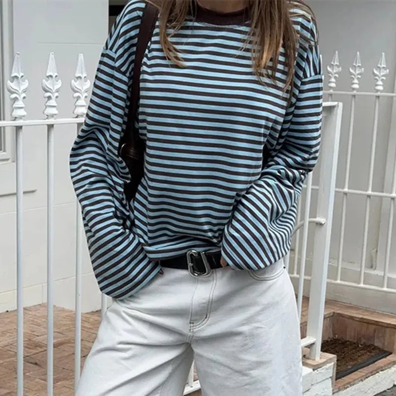 Round Neck Print Striped Pullover Women T-shirt Long Sleeve Casual Y2k T-shirt Femme Autumn Loose Elegant Streetwear