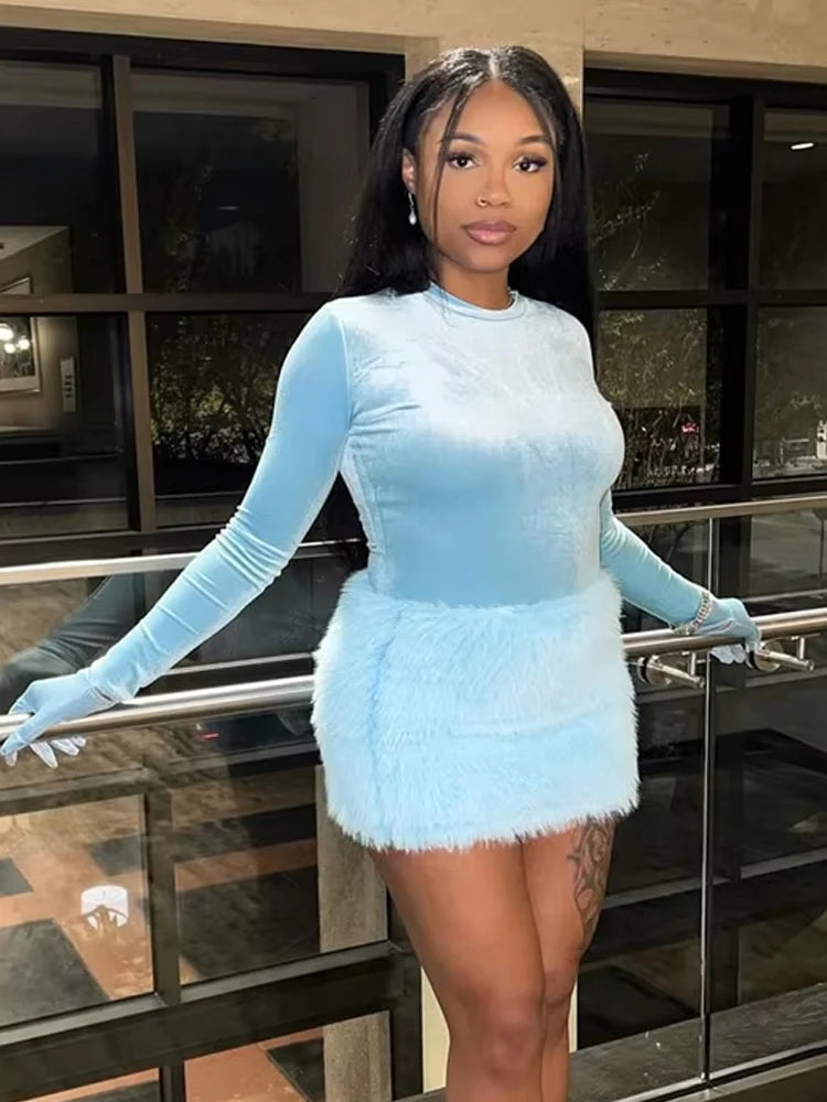 Luxury 2 Piece Set (Not Including Gloves) Woman Sexy Velvet Bodysuits+Furry Peach Hip Skirts Midnight Party Clubwear